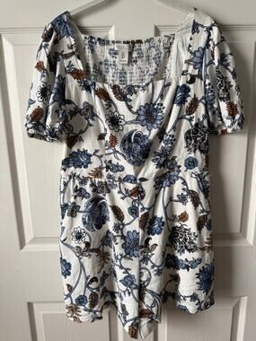 Rachel Zoe Floral Linen Blend Milkmaid Romper Size 8 Coastal Brunch Breezy